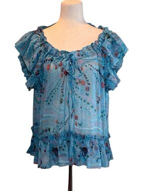 Zadig & Voltaire Blue Floral Skull Ruffle Tie-Front Blouse SZ L